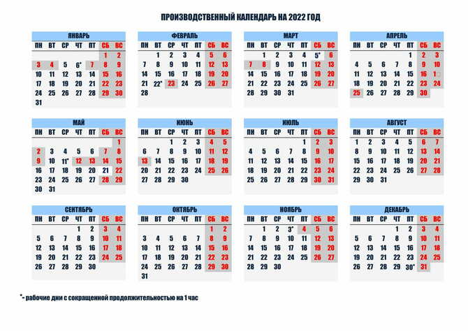 Календарь рабочих и праздничных дней на 2022 год