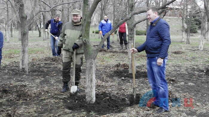 Председатель Совмина ЛНР Геннадий Цыпкалов участвует в общереспубликанском субботнике, 8 апреля 2015 года.